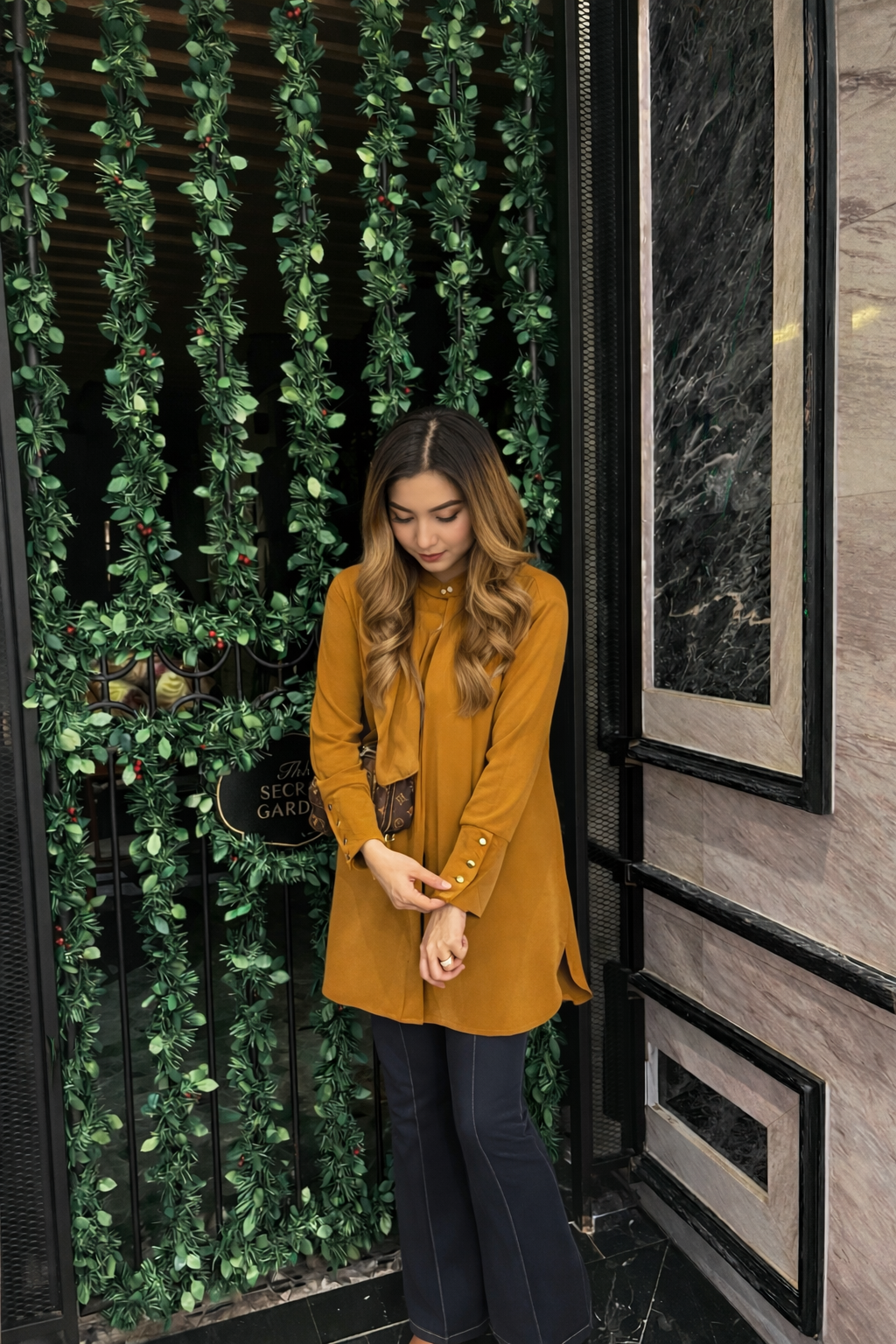 TAN TOP WITH DENIM STYLE PANTS