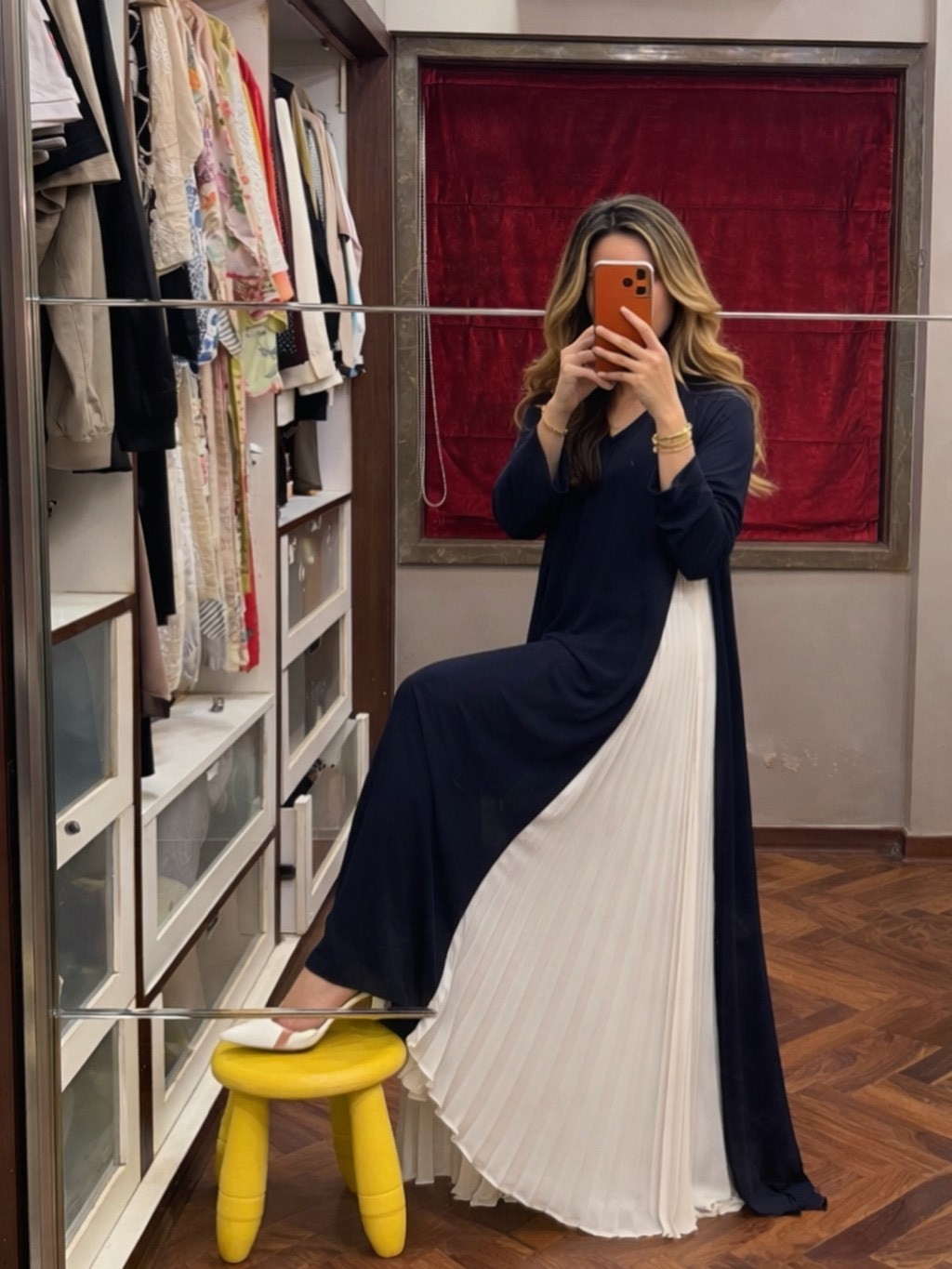 Navy blue evening dress with pleats