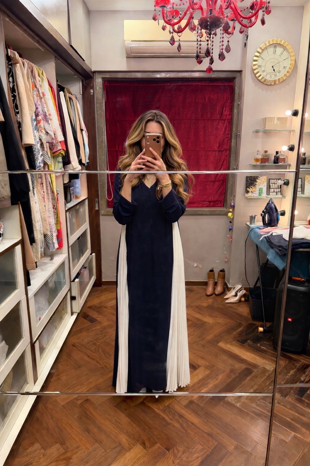 Navy blue evening dress with pleats